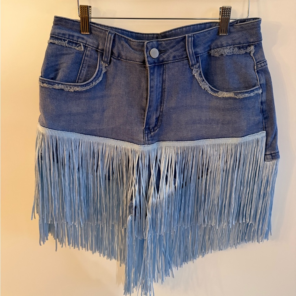 Oyrosy Vintage Washed Raw Edge Tassel Light Blue Denim Culottes NWT - Picture 11 of 15